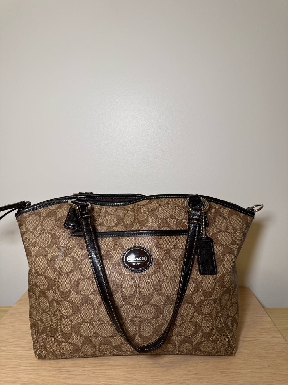 Coach Signature Monogram Canvas Tote in Brown with Dark Brown Trim